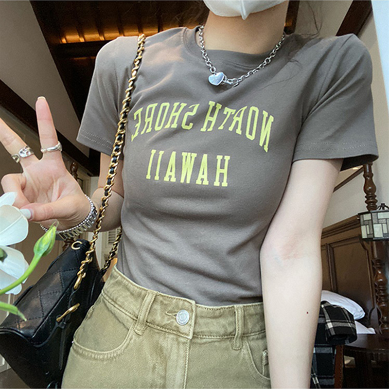 American Retro Gray T-Shirt for Women, Regular Shoulder, Short Sleeves, 2026 New Design, Niche Slim Fit, Bm Style Short Top