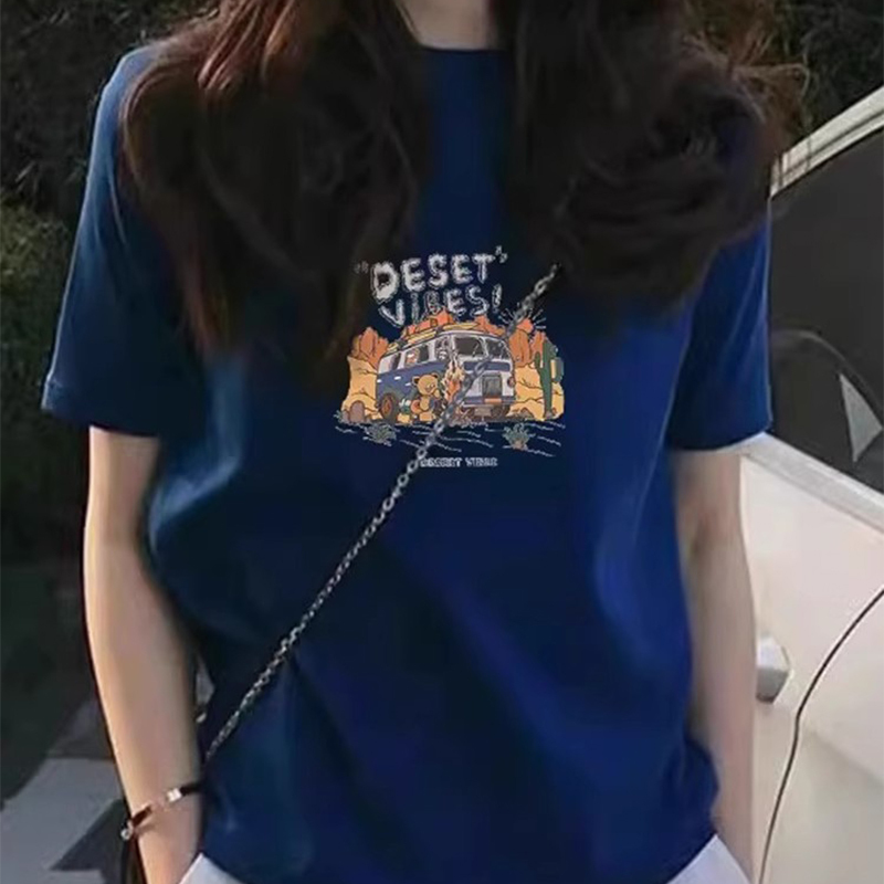 2025 New Navy Blue Pure Cotton Short-Sleeve Regular Shoulder T-Shirt European Style Summer ins Trendy Brand Loose Women's Top
