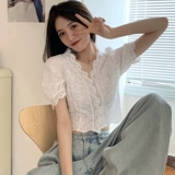 Шифоновый кружевной летний сексуальный кардиган, короткая футболка, короткий рукав, коллекция 2021, облегающий крой, V-образный вырез