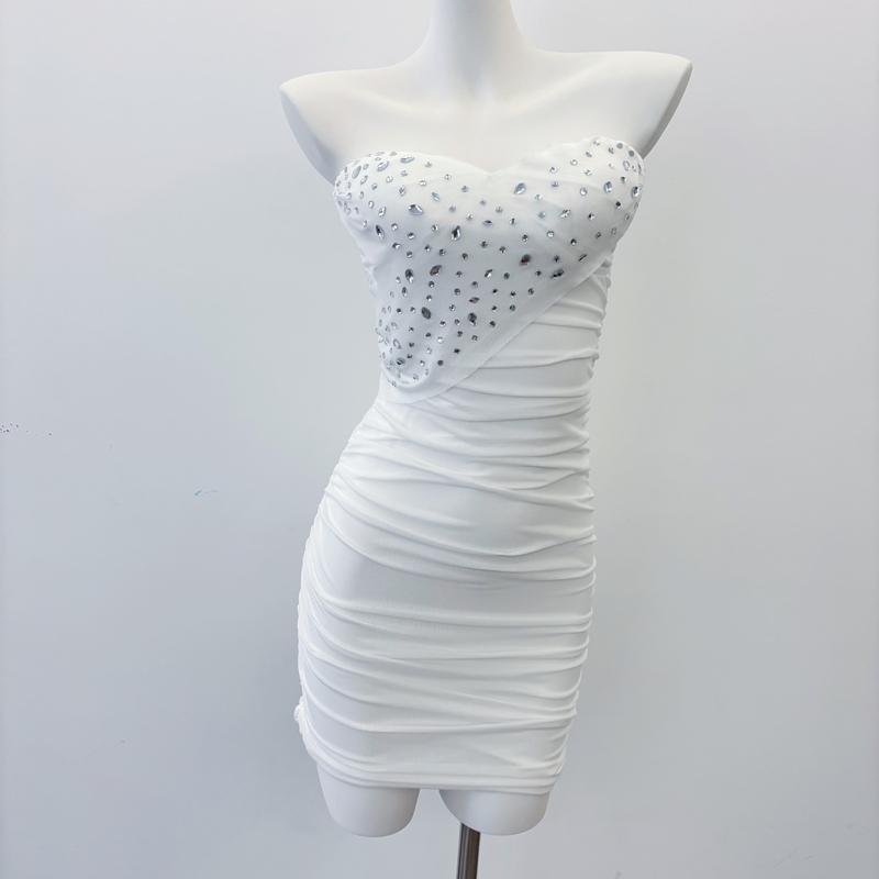 【White Glaze】White Sparkling Diamond Tube Top Bodycon Skirt, Sexy Slim-Fitting Short Dress