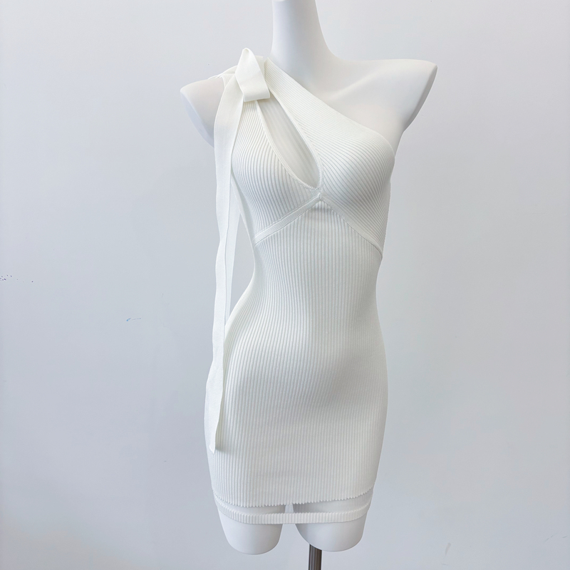 【Sniper Heart】Hollow-Out Patchwork Slightly Sheer Mesh Korean-Style Pure Knitted Dress for Women in Summer