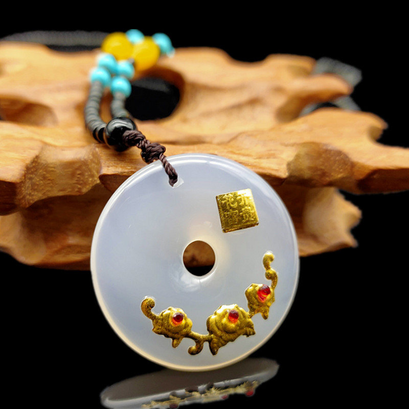 Pure gold chalcedony safety buckle necklace gold inlaid jade flower blooming wealth pendant gift pure gold jade pendant gift