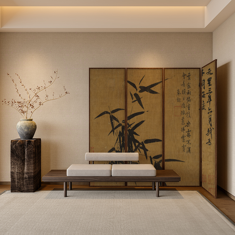 Song-Style Aesthetics, New Chinese-Style Ink Painting Bamboo Living Room, Tea Room, Entrance Hall, Solid Wood Foldable and Movable Partition Screen Wall Song-Style Aesthetics, New Chinese-Style Ink Painting Bamboo Living Room, Tea Room, Entrance Hall, Solid Wood Foldable and Movable Partition Screen Wall
