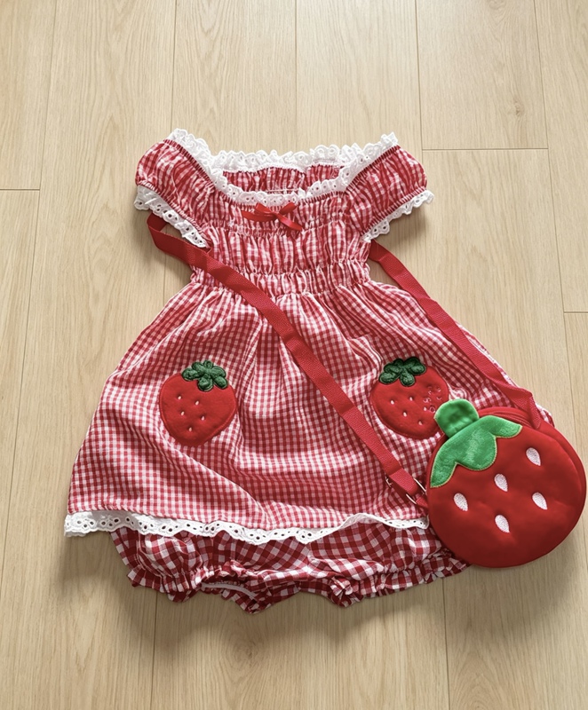 Summer Cute Girl's Outfit Top, New Cute Red Plaid Strawberry Vest Two-Piece Set