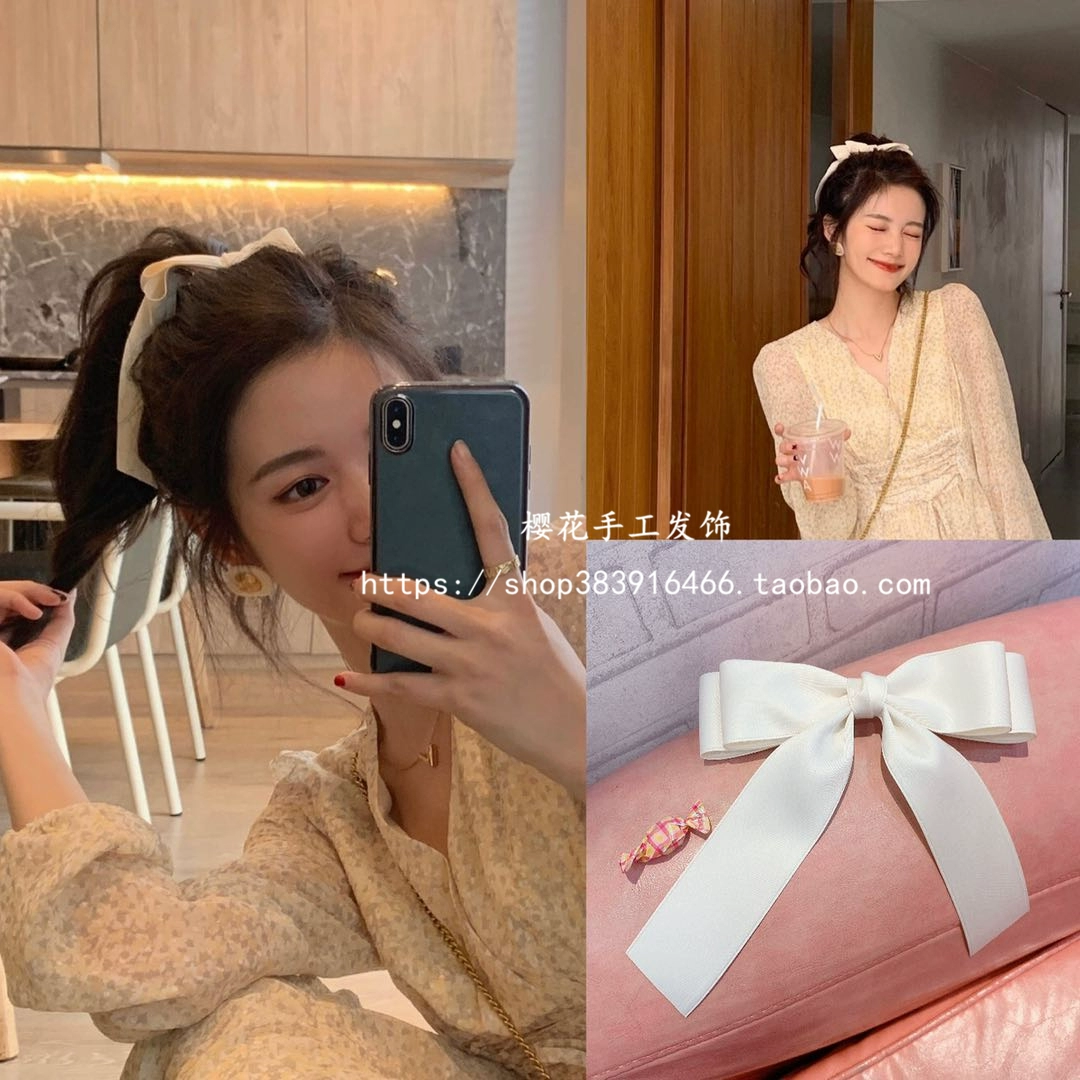 Dịu dàng Cô em gái Milky White Nơ lớn Kẹp tóc Streamer Little Fairy Top Clip cô gái Giảm tuổi Phụ kiện tóc Hàn Quốc - Phụ kiện tóc