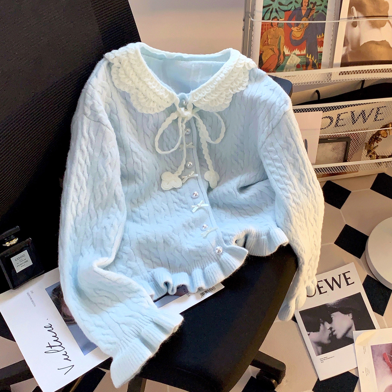 Sweet Style Doll Collar Bow Twist-Knit Cardigan for Women, Autumn and Winter Cute Milk Blue Age-Reducing Sweater Jacket Sweet Style Doll Collar Bow Twist-Knit Cardigan for Women, Autumn and Winter Cute Milk Blue Age-Reducing Sweater Jacket