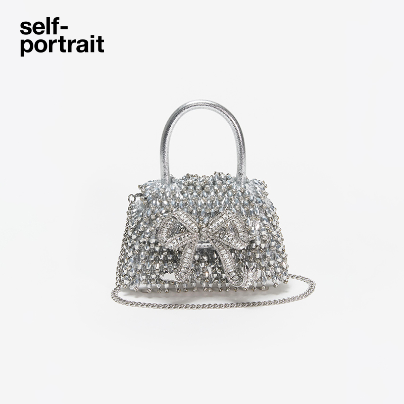 Self-Portrait Classic Silver Micro Bead Chain Bow Galaxy Bag Handbag