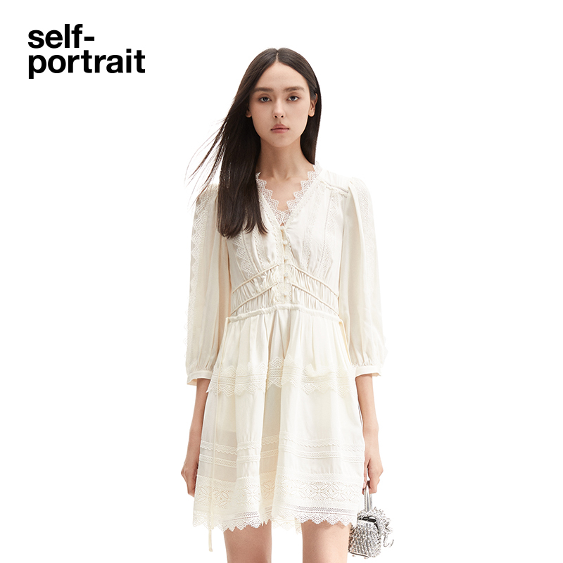 Self-Portrait White Moonlight Lace-Trimmed Loose-Fitting Vacation Seaside Vacation Waist-Cinching Loose Spring and Summer Dress