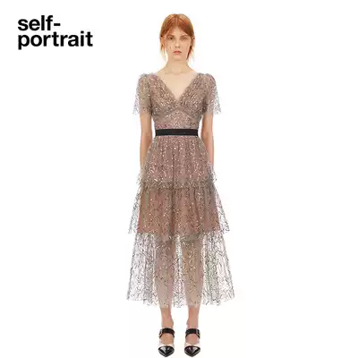 self-portrait leaf sequined small dress Summer banquet Sweet V-neck thin dress medium and long version