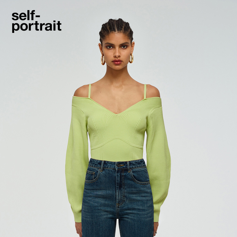 self-portrait fruit green knitted off-the-shoulder suspender long-sleeve top