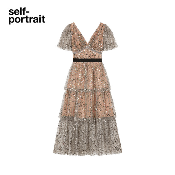self-portrait 春夏树叶亮片重工钉珠晚宴会轻礼服仙女长裙连衣裙