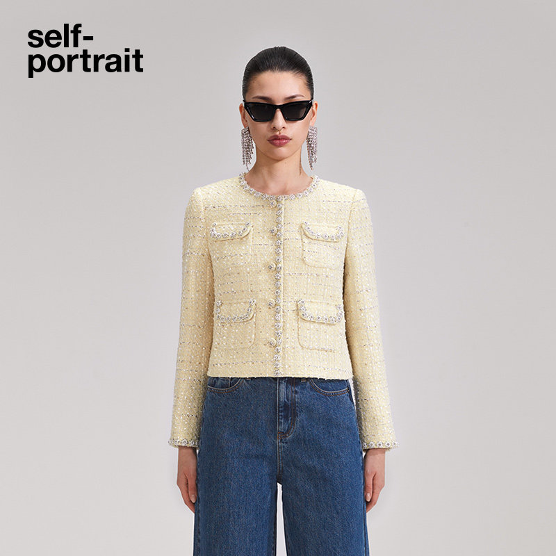 self-portrait 2023 Early autumn cream Yellow temperament elegant long sleeve round collar jacket jacket-Taobao