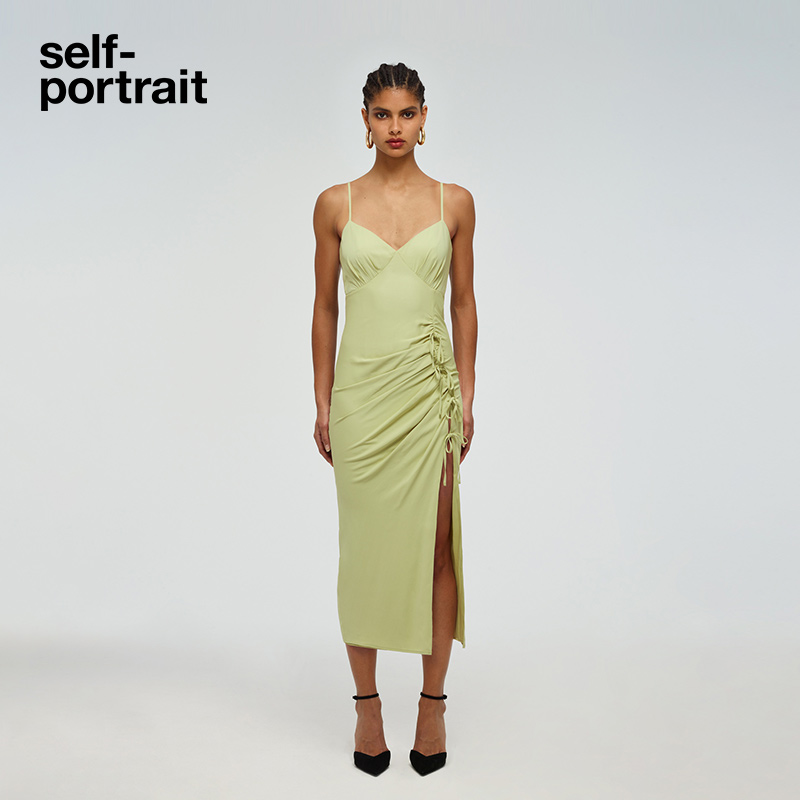 self-portrait 2022 early spring fruit green suspender slit bow dress long dress