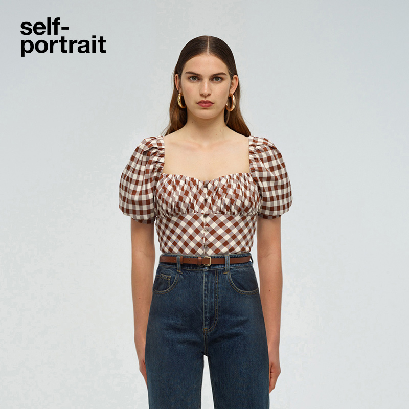 Self-portrait 2022 spring and summer camel plaid all-match U-neck puff sleeve design short top
