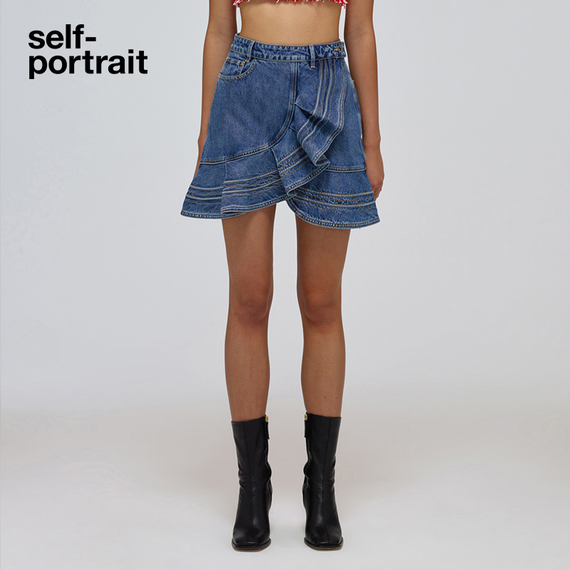 self-portrait 2022 spring and summer denim blue ruffle fishtail skirt denim skirt short skirt