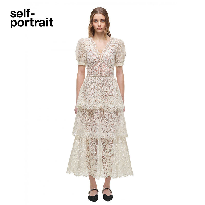 self-portrait ivory white lace bright sheet V collar bubble sleeves laminated cashew dress-Taobao