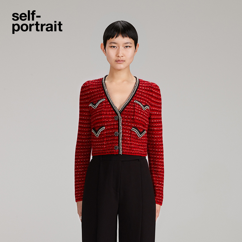 self-portrait 2022 autumn and winter red blend V-neck delicate knitted cardigan