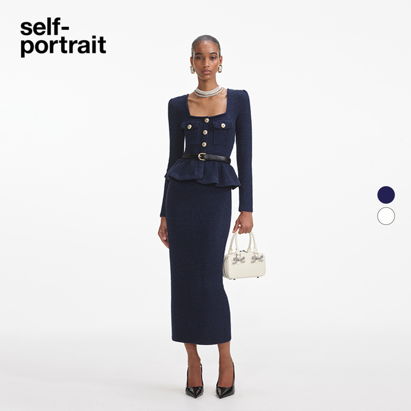Self-Portrait Navy Blue Ivory White Vintage Square Neck Elegant Waist-Cinching Knitted Dress Mid-Length Skirt