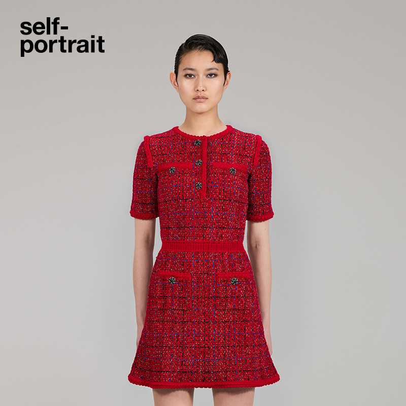 self-portrait 2022 autumn and winter red blended round neck nifty waist knitted dress skirt