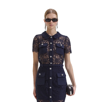 self-portrait 2024 spring and summer new dark blue short-sleeved elegant lace top with pocket decoration