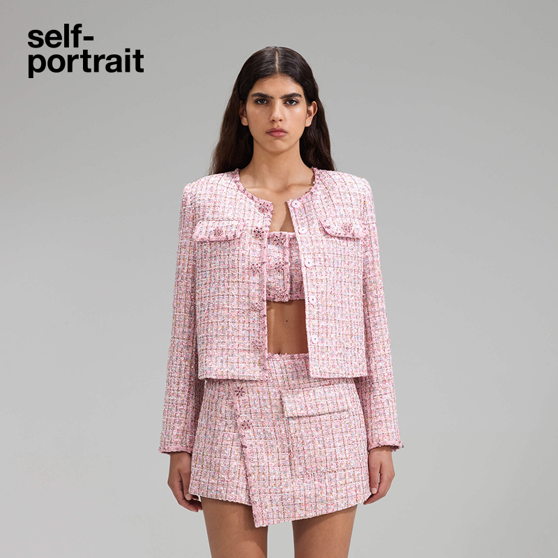 self-portrait 2023 early spring pink woolen short section small fragrance style round neck coat
