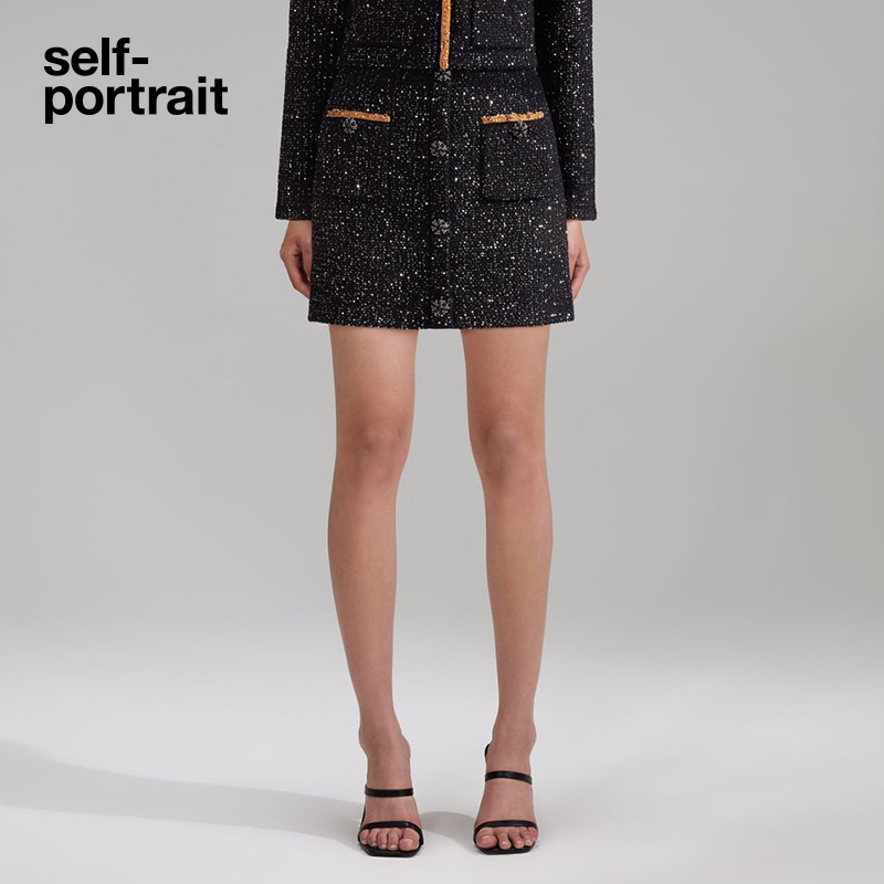 self-portrait 2023 early spring black mixed color sequined knitted beaded diamond gold-trimmed wrap skirt