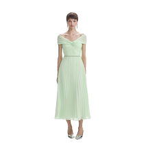 self-portrait 2024 early autumn new mint green elegant temperament waist pleated dress mid-length skirt