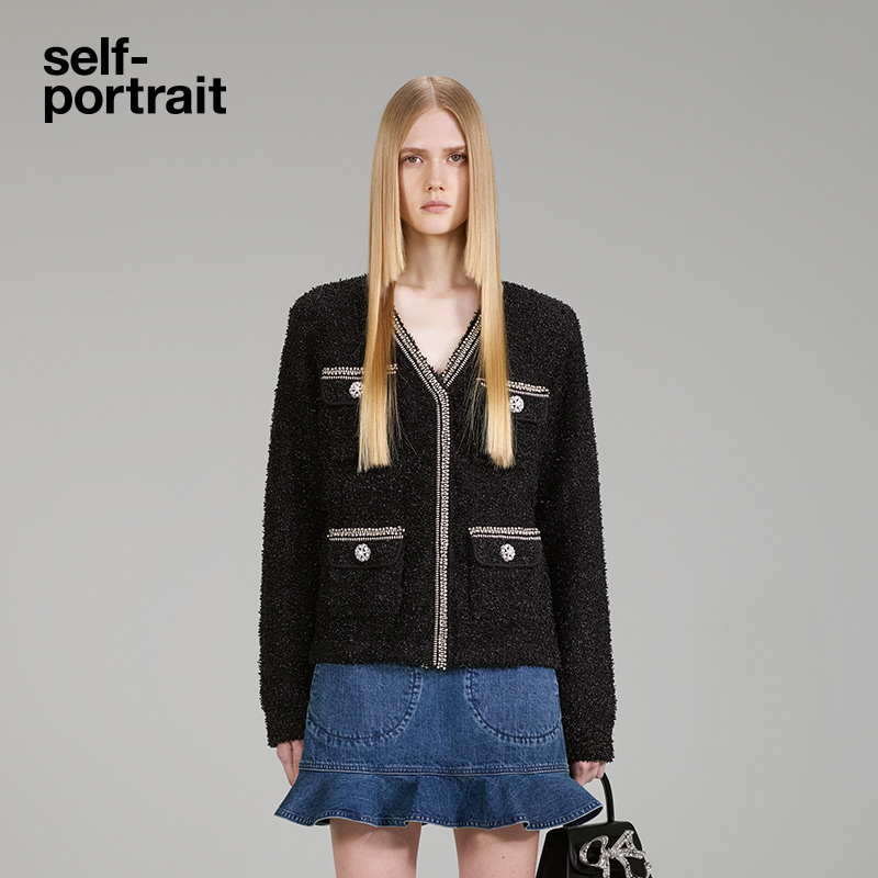 self-portrait 2022 autumn and winter classic black V-neck small fragrant woolen coat