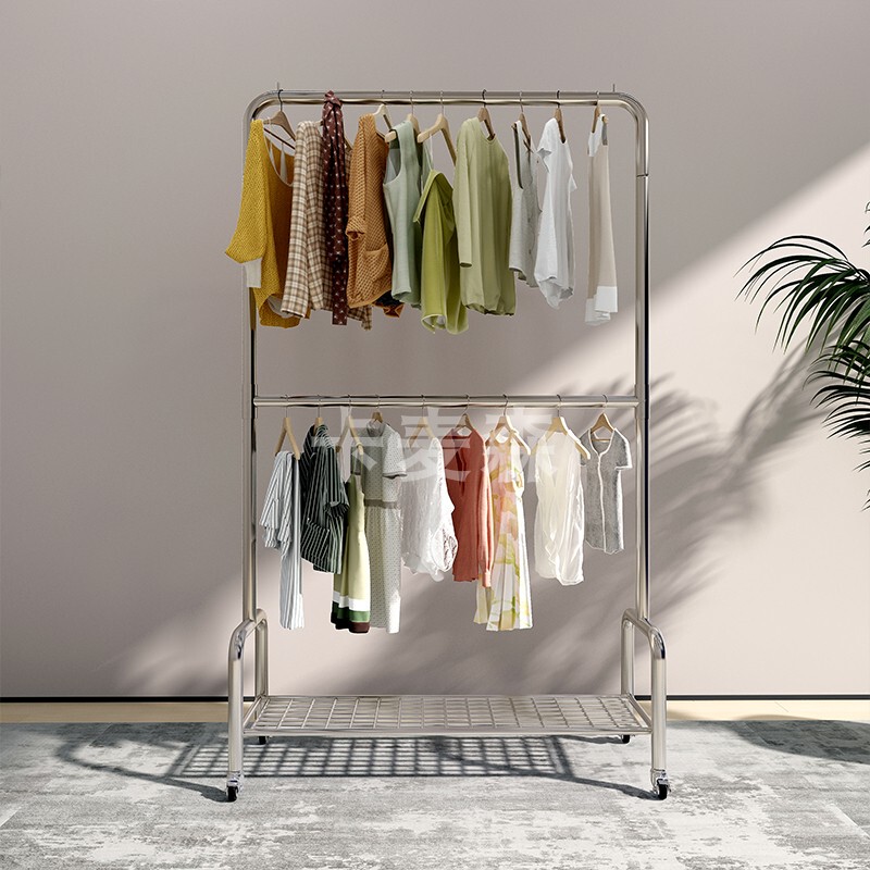 Light Luxury Stainless Steel Glossy Double-Layer Clothes Rack, Floor-Standing Household Clothes Hanger Rod, Trendy Three-Layer Coat Rack and Storage Rack Light Luxury Stainless Steel Glossy Double-Layer Clothes Rack, Floor-Standing Household Clothes Hanger Rod, Trendy Three-Layer Coat Rack and Storage Rack