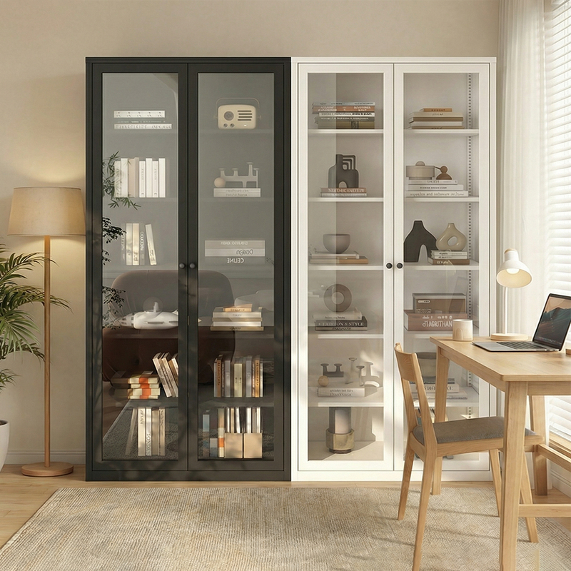 Bookcase, Living Room Glass Display Cabinet, Wrought Iron Bookshelf, Floor-Standing Children's Figurine Storage Cabinet, Household Storage Cabinet, Storage Cabinet