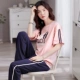 Bộ đồ ngủ cotton mùa hè dành cho nữ quần dài ngắn tay hai mảnh mỏng cộng với size phiên bản Hàn Quốc có thể mặc bên ngoài bộ đồ phục vụ tại nhà cho nữ mùa hè - Cặp đôi