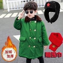 Childrens Army Green Coat Plus Cotton Thickened Warm Mid-length Army Green Boys Retro Coat Old-fashioned Cotton Padded Coat Plus Velvet