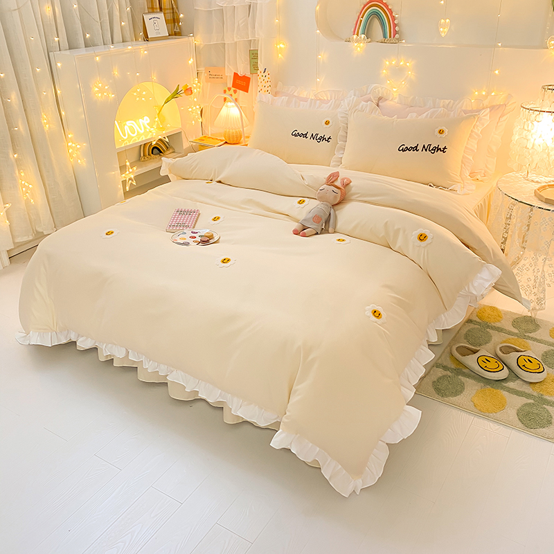 ins cute skin-friendly brushed quilt cover four-piece girl princess style embroidered cotton edge bed skirt bedding