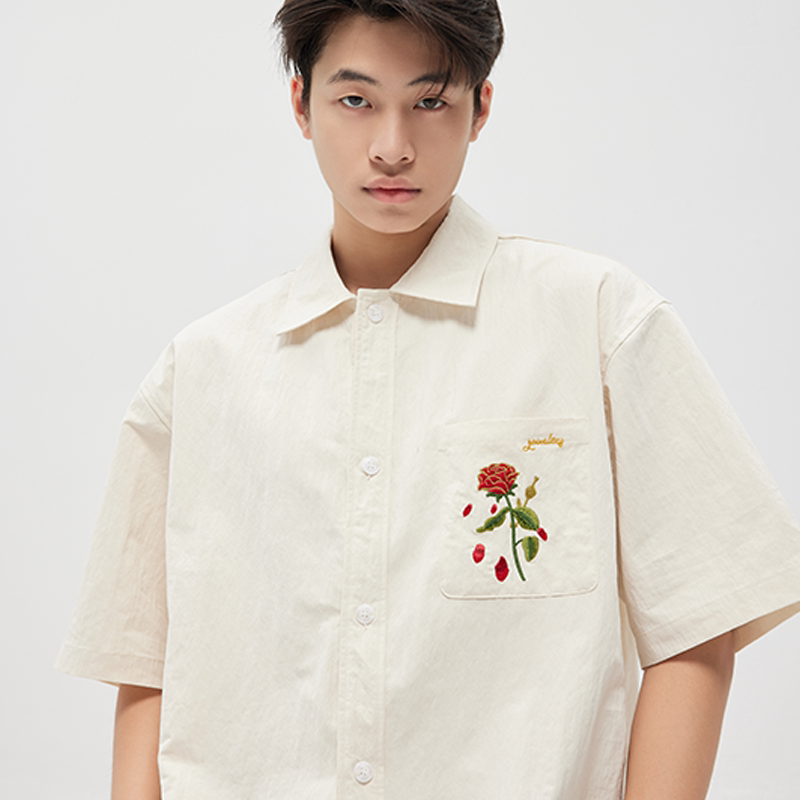 Zoomlens Original Korean Style Hand-Painted Embroidered Rose Flower Texture Short-Sleeved Loose-Fitting Unisex Shirt