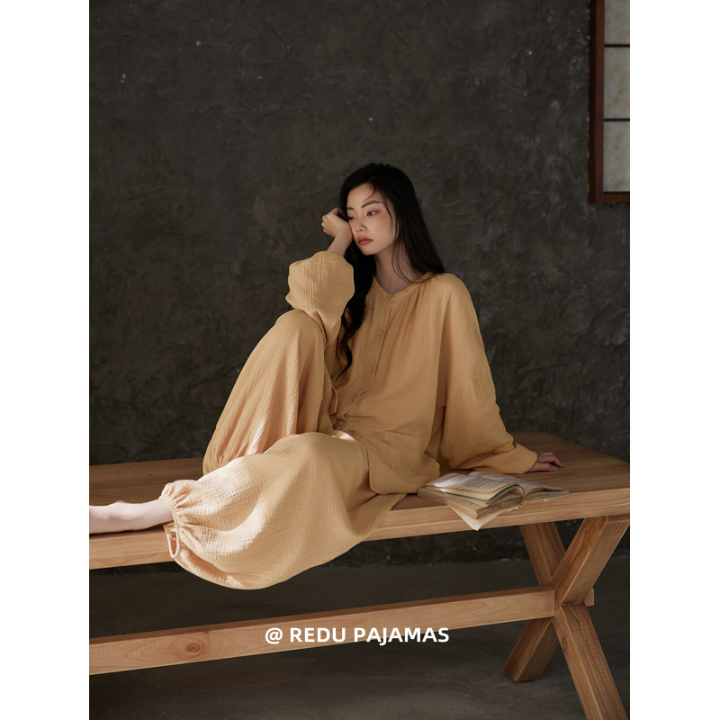 Hot Envy Pajamas for Women, Spring and Autumn, Pure Cotton Gauze with Chest Pads, Yellow, High-End, Loose, Large Size, Can Be Worn Outside, Set