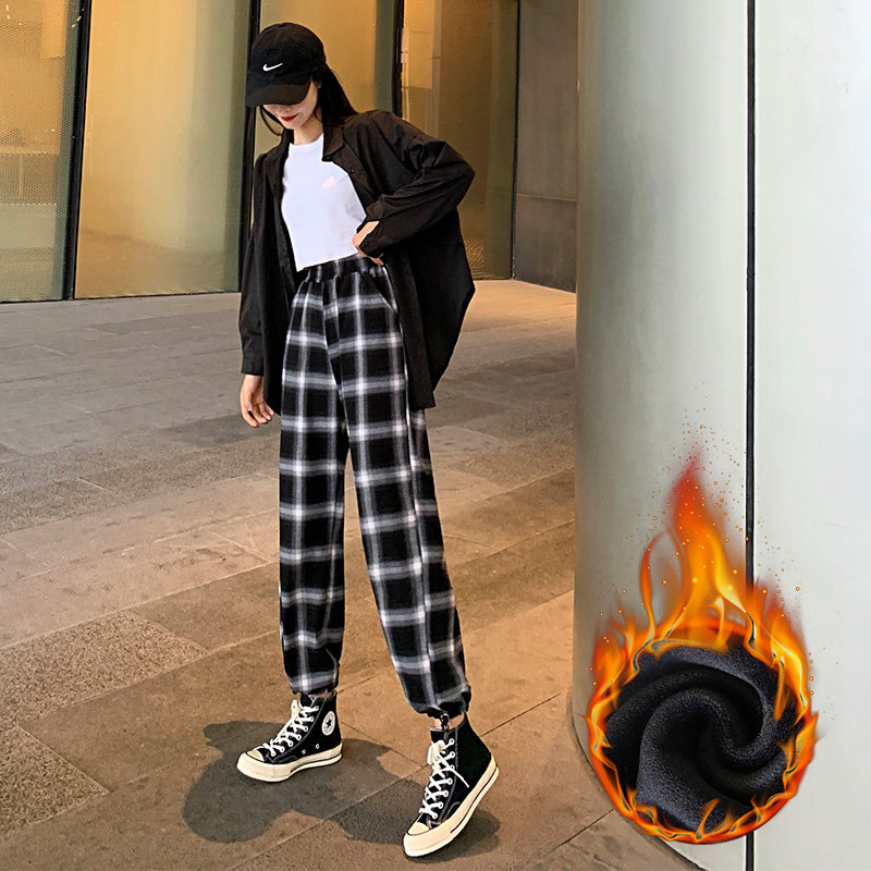 Black and white plaid pants women's loose beam feet 2021 new autumn and winter straight tube thin all-match casual plus velvet wide-leg pants