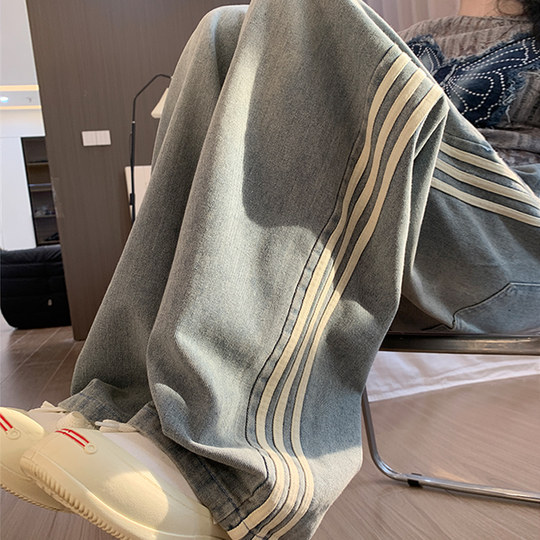 American jeans for women 2025 new spring, autumn and summer high-waisted loose straight casual sports three-bar retro wide-leg pants