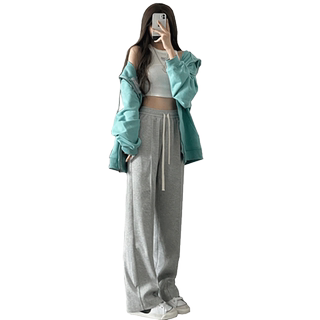 Gray Wide-Leg Pants for Women, Spring, Autumn, Winter 2025 New Style, High-Waisted, Drapey, Loose Straight-Leg Sweatpants, Fleece-Lined Casual Joggers