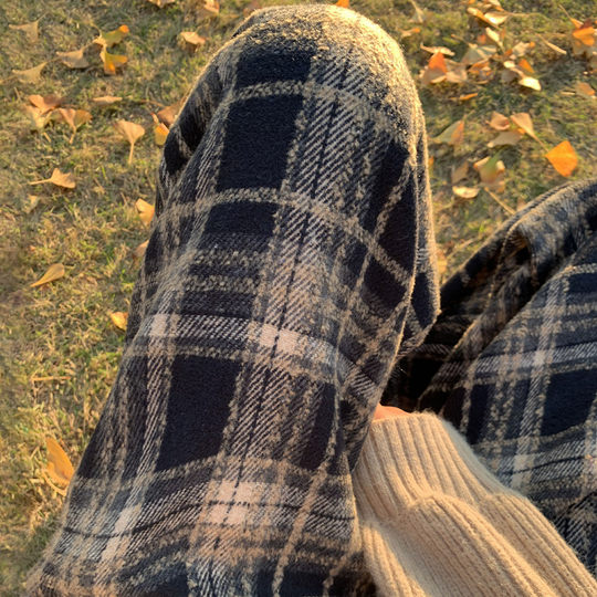 Autumn and winter contrast color woolen plaid pants for women, lazy wide-leg pants