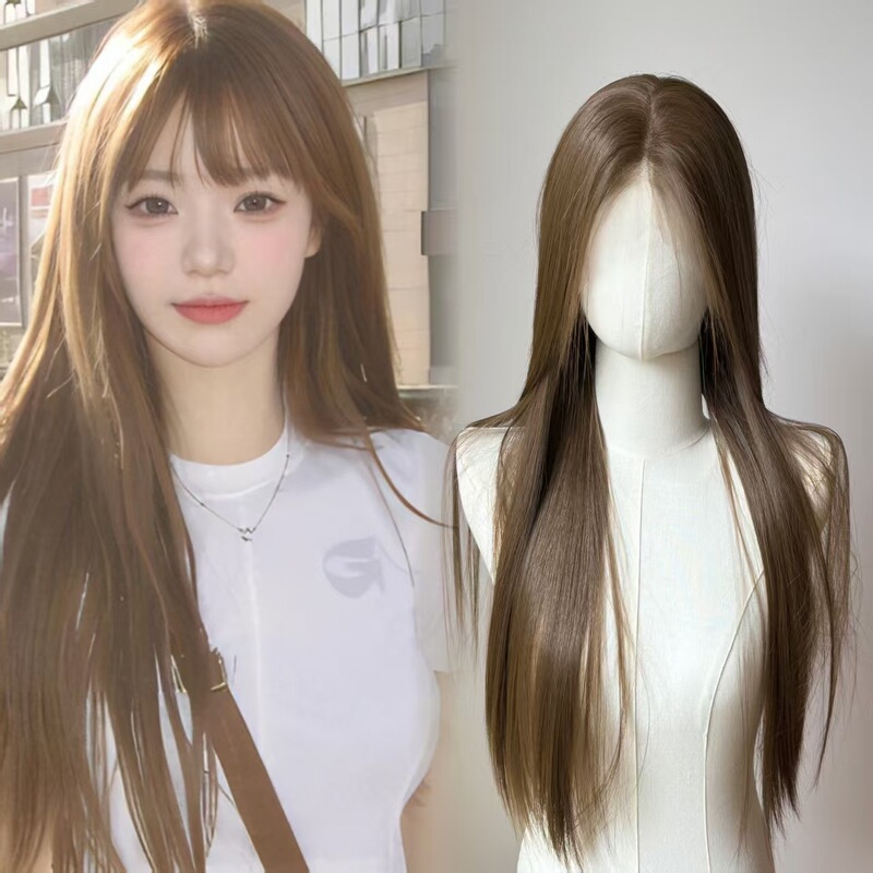 Real Human Hair Linen-Colored Wig for Women, Full Head Long Straight Hair Trendy Color Wig, Daily Full Head Real Human Hair Wig
