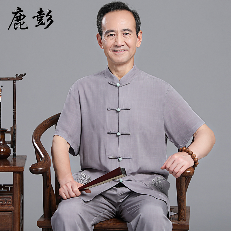 Deer Peng Deer Peng men's Tang summer short-sleeved linen dad suit summer suit Tang male middle-aged and old