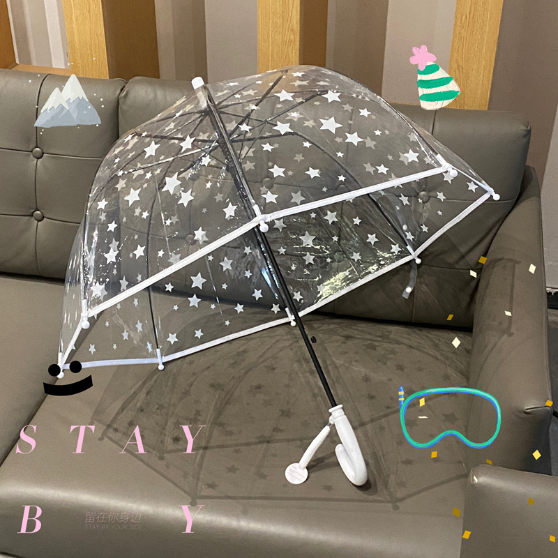 Stars Decorated Transparent Umbrella for Children and Babies, Safe Reflective White High-Definition Transparent Umbrella, Long-Handled Umbrella, Straight Umbrella