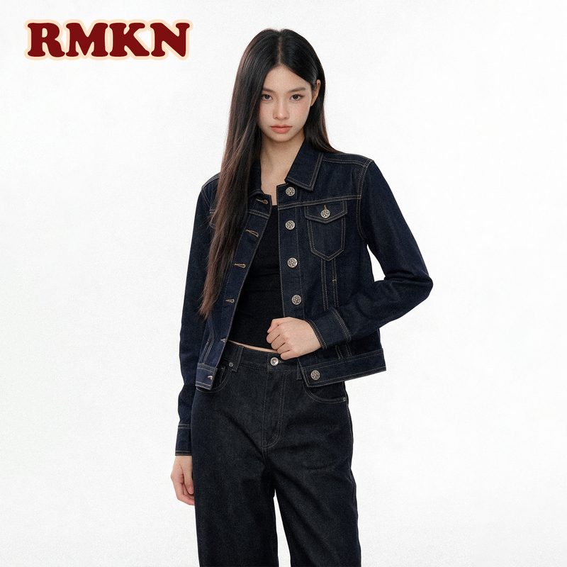Rmkn American Retro Deconstructed Textured Denim Jacket, Autumn Slim-Fit, Simple and Versatile Short Jacket