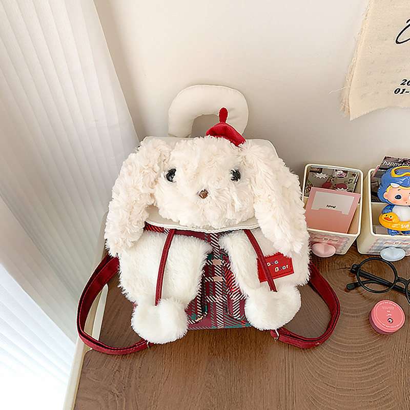 Cute Backpack with Plush Rabbit Design for Girls, Children's Plaid Backpack, Girls' Birthday School Bag, New Year Gift, Doll Bag