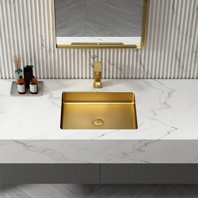 Strong steel gold light luxury stainless steel square under-counter basin embedded washbasin home bathroom washbasin