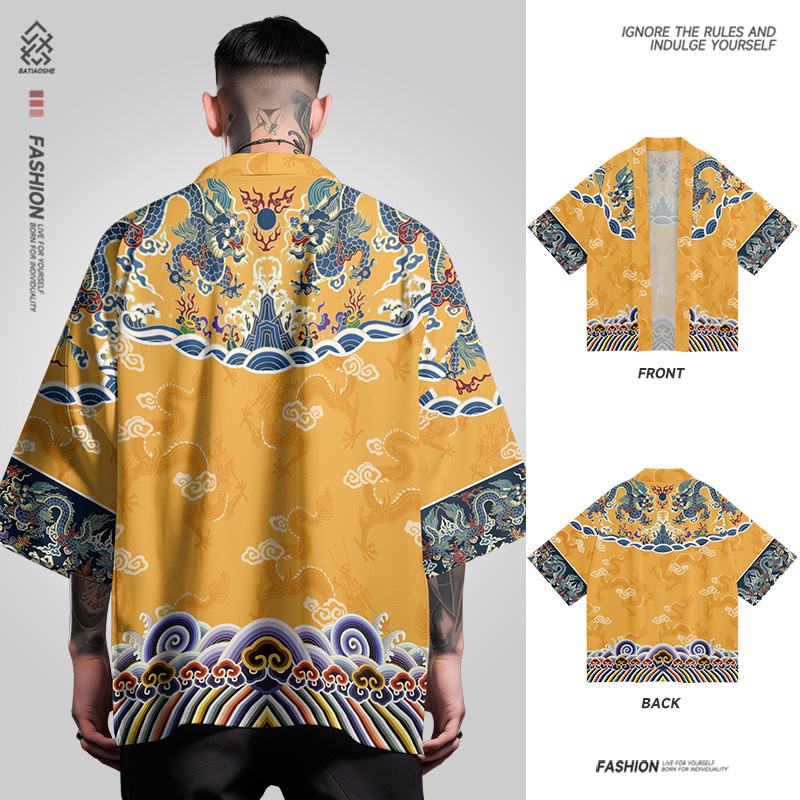 2025 New Chinese Style National Trend Dragon Robe Summer Three-Quarter Sleeve Shirt Versatile Jacket Kimono Robe Casual Top