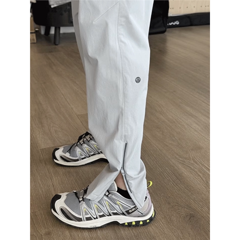 White and Gray Zipper Tactical Pants for Men, Summer Thin Ice Silk Quick-Drying Tapered Slimming Running Sports Casual Pants