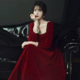 Демисезонное красное бархатное вечернее платье, коллекция 2021