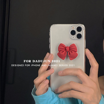 ins is simple and transparent for Apple 12 promax mobile phone shell mesh red bow iPhone 11 silicone soft shell 8plus female SE2 stereo cute Xs max creation