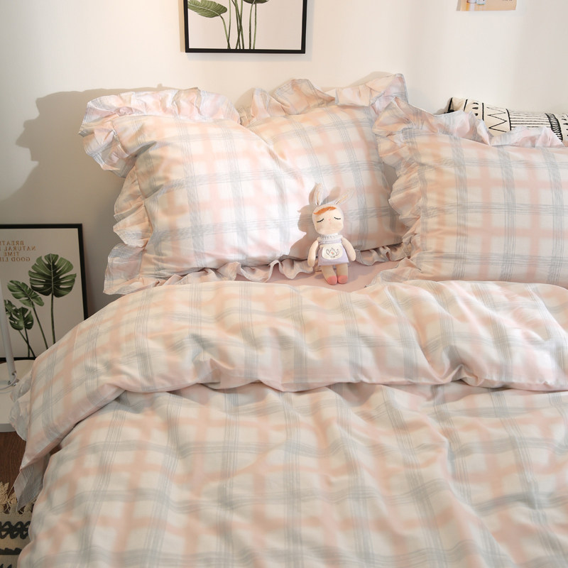 ins four pieces sets of young girl hearts princess wind minimis cotton pure cotton linen quilt cover dormitories students pure cotton three-three style